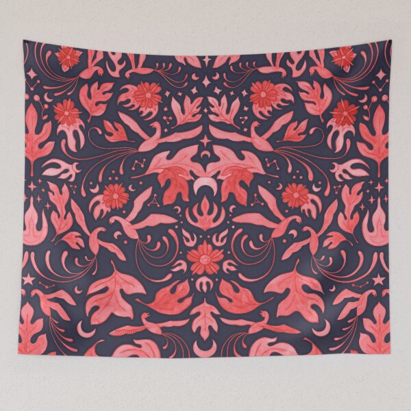 Item preview, Phoenix Damask in Dark Navy and Red designed and sold by AycaAtalay.