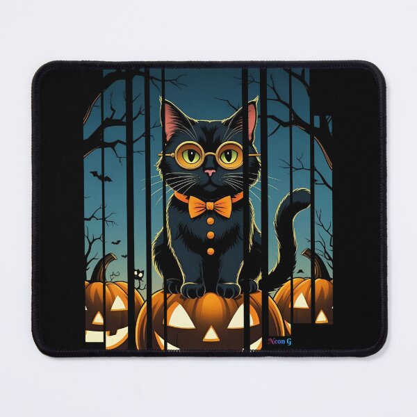 Item preview, Spooky But Classy - black cat with glasses and bow tie, sitting on a glowing jack-o'-lantern 3 designed and sold by Neon G.