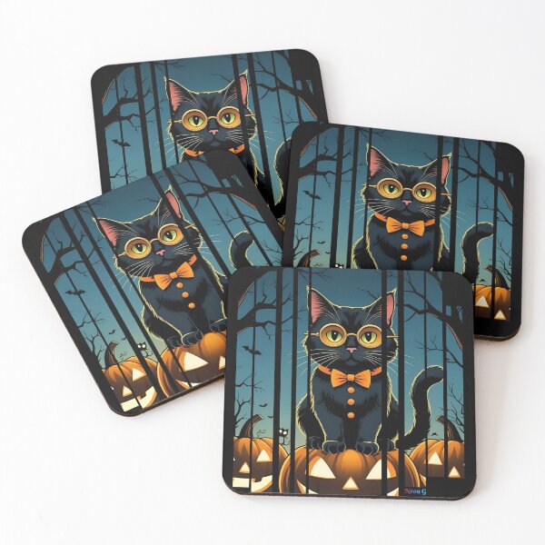 Item preview, Spooky But Classy - black cat with glasses and bow tie, sitting on a glowing jack-o'-lantern 3 designed and sold by Neon G.