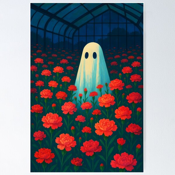 Item preview, Ghost Among the Red Carnations – Dreamy Greenhouse Spirit designed and sold by EmeraldeaArt.