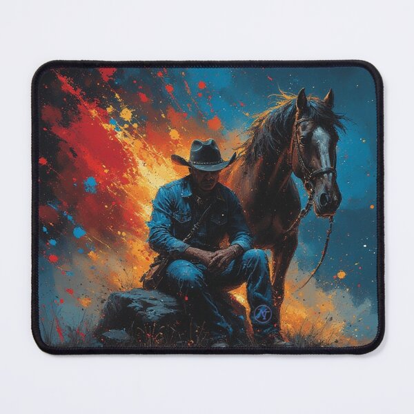 Item preview, Lone Cowboy and Horse – Western Silence in Red and Blue Explosion by NegarTv Designs designed and sold by NegarTv Designs.