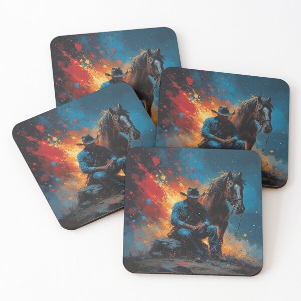 Item preview, Lone Cowboy and Horse – Western Silence in Red and Blue Explosion by NegarTv Designs designed and sold by NegarTv Designs.