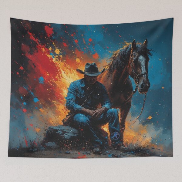 Item preview, Lone Cowboy and Horse – Western Silence in Red and Blue Explosion by NegarTv Designs designed and sold by NegarTv Designs.