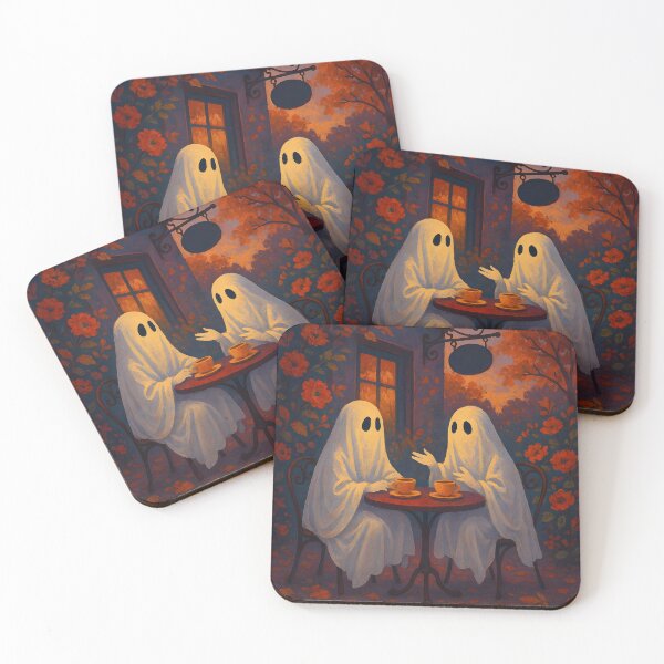 Item preview, Ghosts Chatting at a Café – Autumnal Cozy Spirits Illustration designed and sold by EmeraldeaArt.