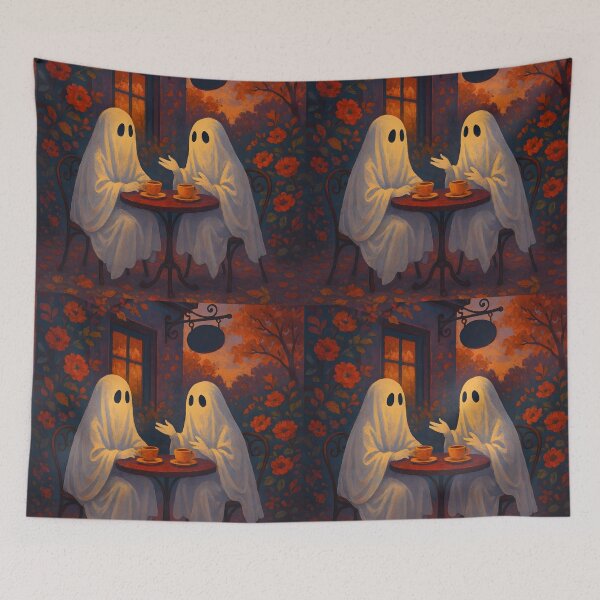 Item preview, Ghosts Chatting at a Café – Autumnal Cozy Spirits Illustration designed and sold by EmeraldeaArt.
