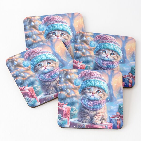 Item preview, Cute Kitten in Winter Hat with Christmas Gifts - Adorable Holiday Art designed and sold by MargaretWiktor.