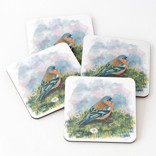Item preview, “The Cheerful Chaffinch” standing among the daisies under a pretty cloudy sky designed and sold by Printfantasia .
