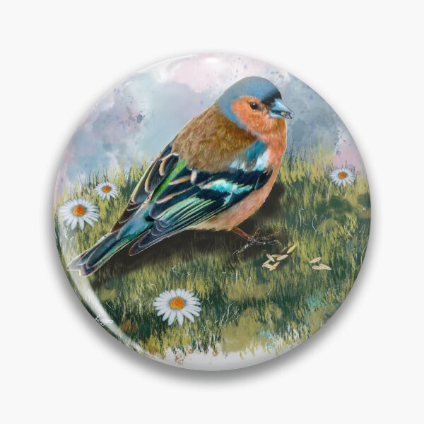 Item preview, “The Cheerful Chaffinch” standing among the daisies under a pretty cloudy sky designed and sold by Printfantasia .
