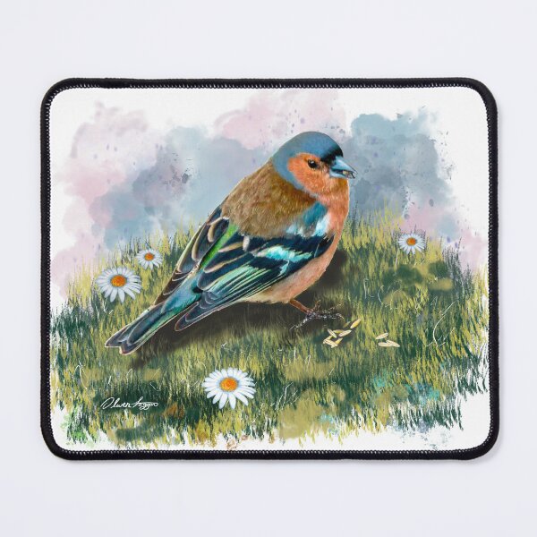 Item preview, “The Cheerful Chaffinch” standing among the daisies under a pretty cloudy sky designed and sold by Printfantasia .