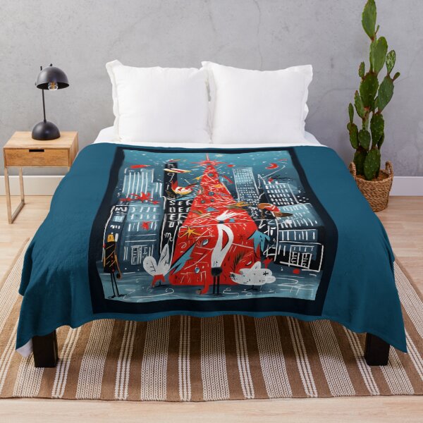 Item preview, Vibrant Red Christmas Tree Amidst Tall Urban Buildings with Falling Snowflakes Festive Winter Scene designed and sold by OlfactoART Studio.