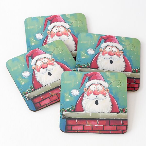 Item preview, Surprised Santa Claus Emerging from Red Brick Chimney on Cheerful Blue and Green Background designed and sold by OlfactoART Studio.