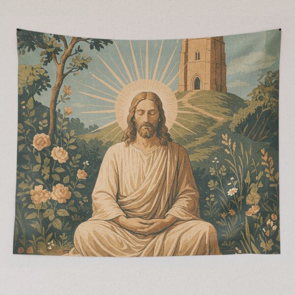 Item preview, Jesus Meditating in the Garden — At Glastonbury Tor The First Church of Christ designed and sold by Loving Nature Gifts.
