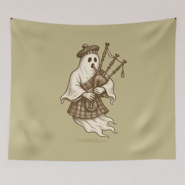 Item preview, Ghost Bagpiper Scottish Music Halloween Vintage Etching Design designed and sold by Meandmyshop.