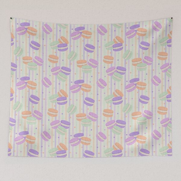 Item preview, Tossed Macarons in Pastel Shades on Pale Green Linen Look Background with Spots and Stripes designed and sold by piptompatternco.