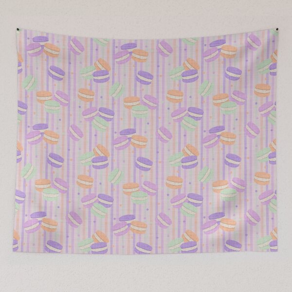 Item preview, Tossed Macarons in Pastel Shades on Pale Mauve Lilac Linen Look Background with Spots and Stripes designed and sold by piptompatternco.