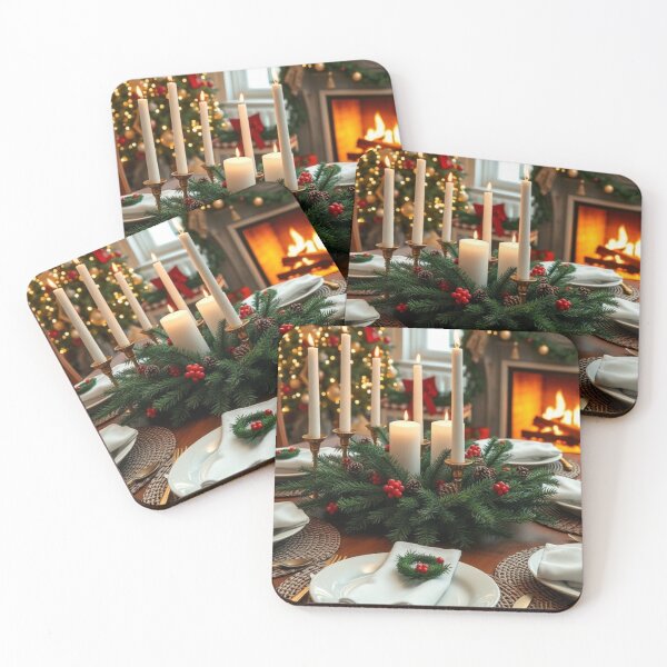 Item preview, Cozy Christmas Dinner Table Setting with Wreath Centerpiece and Fireplace designed and sold by Jade Ado.