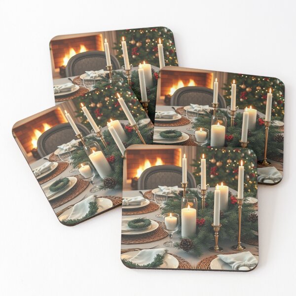 Item preview, Classic Christmas Dinner Setting with Glowing Candles, Festive Centerpiece, and Fireplace Ambiance designed and sold by Jade Ado.