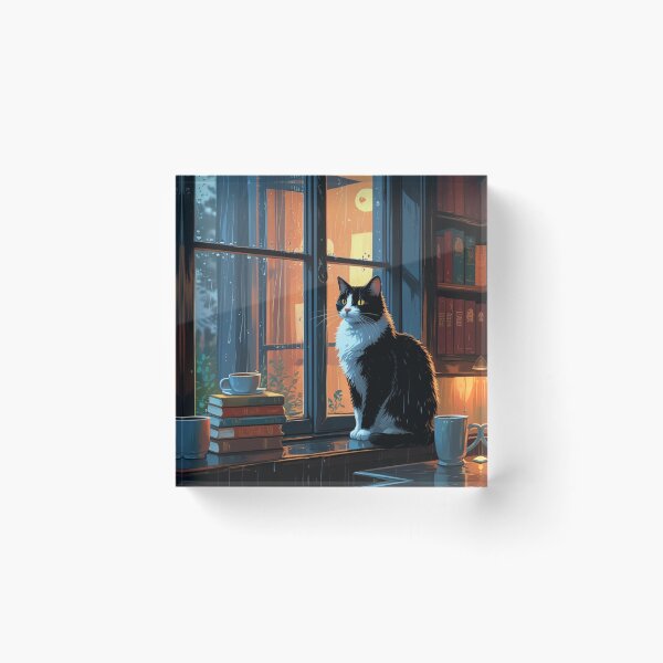 Artikelvorschau, Rainy Window Cat – Ruhige Momente mit Büchern und Kaffee entworfen und verkauft von LEO'S CREATURE れおずくりーちゃー.