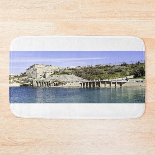 Item preview, Historic Coastal Fort and Bridge Over Calm Blue Water By Rocky Shoreline Fortress Scene designed and sold by Nmallia.
