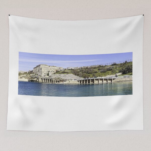 Item preview, Historic Coastal Fort and Bridge Over Calm Blue Water By Rocky Shoreline Fortress Scene designed and sold by Nmallia.
