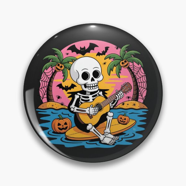 Item preview, Neon Skeleton Playing Pumpkin Guitar on Surfboard | Halloween Surf Cartoon Art designed and sold by ColorSplash123.