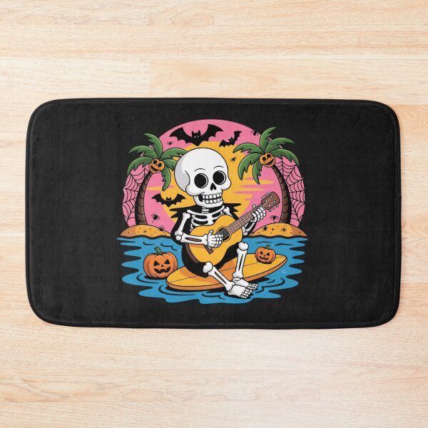 Item preview, Neon Skeleton Playing Pumpkin Guitar on Surfboard | Halloween Surf Cartoon Art designed and sold by ColorSplash123.