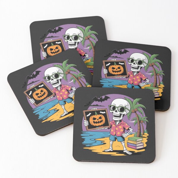 Item preview, Neon Skeleton Teacher with Pumpkin Chalkboard | Funny Halloween Beach Cartoon designed and sold by ColorSplash123.