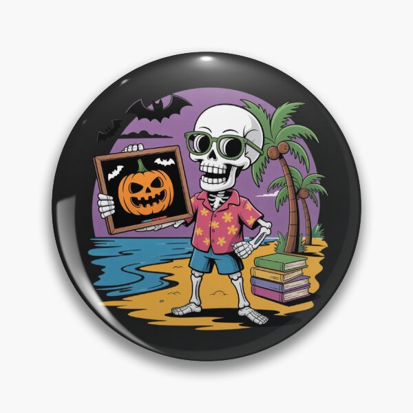 Item preview, Neon Skeleton Teacher with Pumpkin Chalkboard | Funny Halloween Beach Cartoon designed and sold by ColorSplash123.