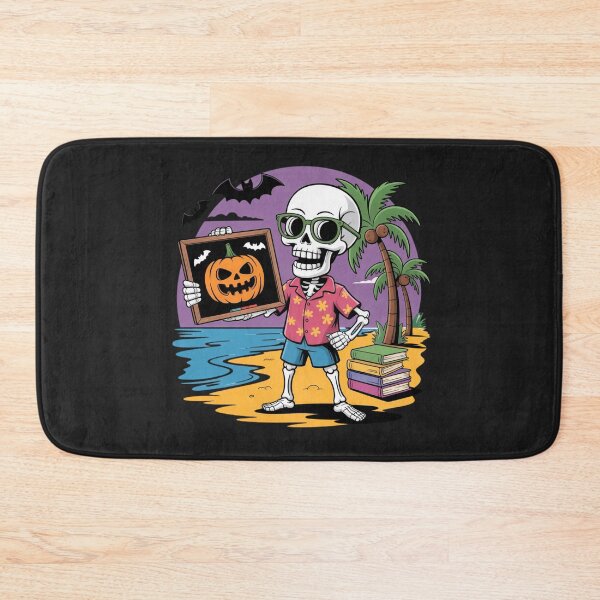 Item preview, Neon Skeleton Teacher with Pumpkin Chalkboard | Funny Halloween Beach Cartoon designed and sold by ColorSplash123.