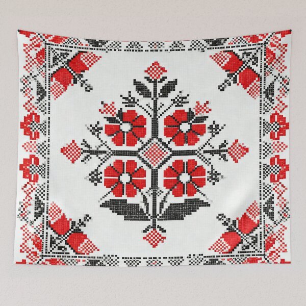 Item preview, Traditional Romanian Embroidery Pattern – Red and Black Folk Floral Cross-Stitch Design designed and sold by Maximilianos.