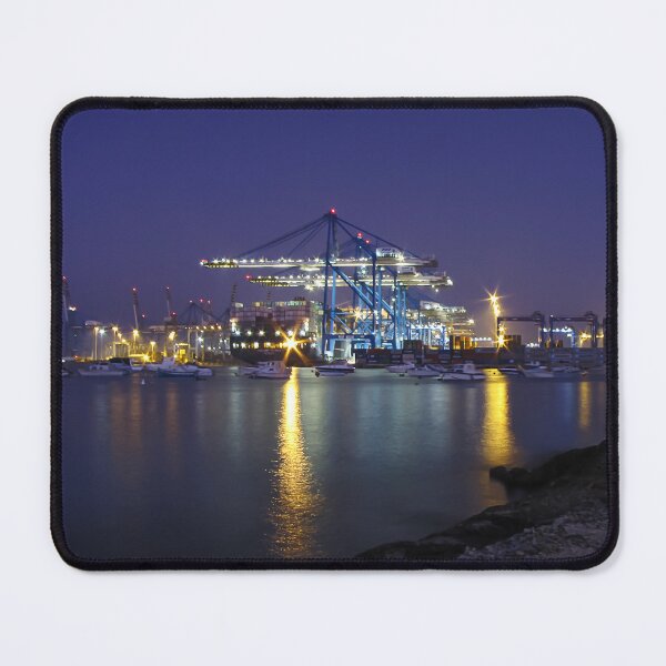 Item preview, Night At The Port: Large Cranes, Shipping Terminal, And Golden Reflections Across The Harbor designed and sold by Nmallia.