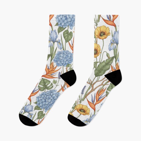 Item preview, Seamless Pattern – Bird of Paradise, Hydrangea, and Welsh Poppy Flowers on White designed and sold by HolmeProud.