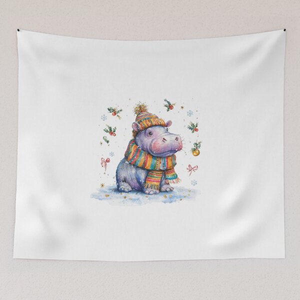 Item preview, Christmas Hippo in Scarf and Hat – Whimsical Winter Animal Art designed and sold by Maryna_Reine.