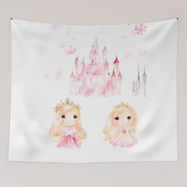 Item preview, Two Adorable Watercolor Princesses & Fairytale Castle Print designed and sold by LanaGustavsson.