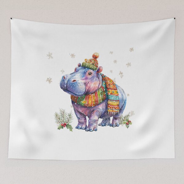 Item preview, Christmas Hippo in Scarf and Hat – Whimsical Winter Animal Art designed and sold by Maryna_Reine.