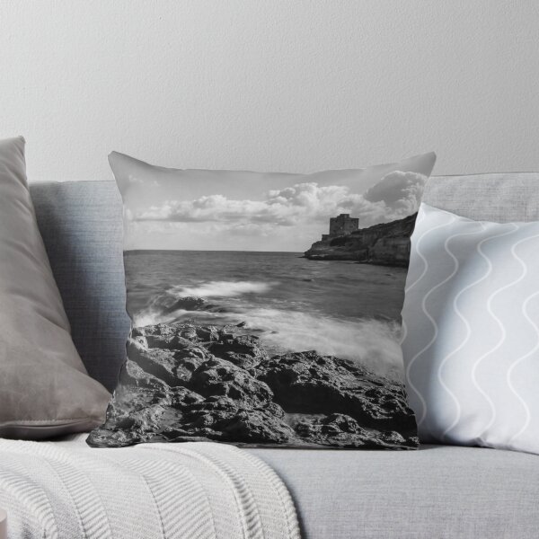 Item preview, Striking Black And White Seascape Of Rocky Shore With Cliffside Castle Ruin designed and sold by Nmallia.