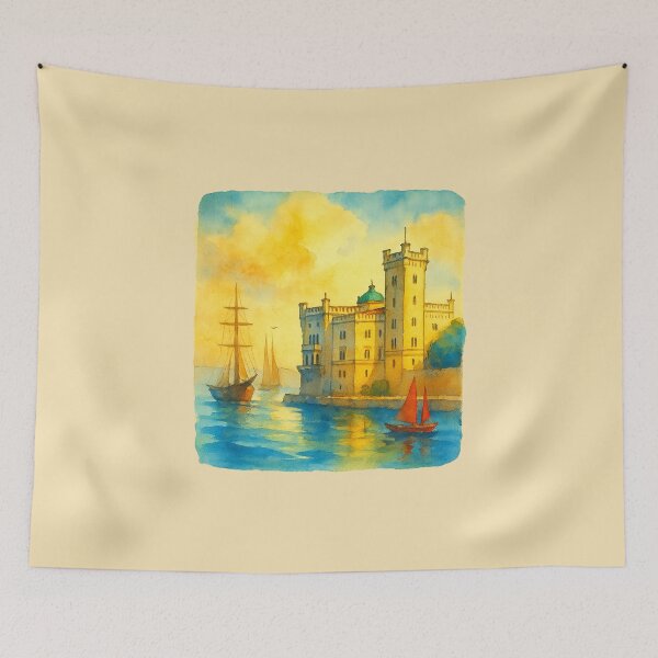 Item preview, Miramare Castle at Sunset – Trieste Watercolor Art designed and sold by Bratak.