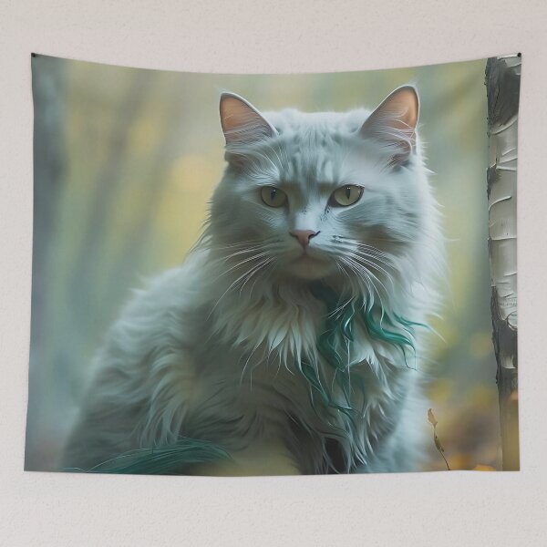 Item preview, Cat in Fog-Shrouded Birch Forest | Ethereal Watercolor Print designed and sold by Valeree Store.