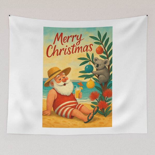Item preview, Beach Santa and Koala with Ornaments – Australian Christmas Card designed and sold by Aryabek.