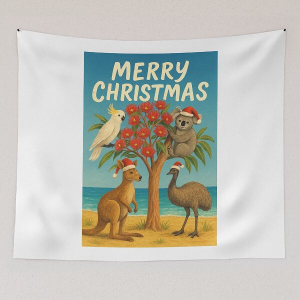 Item preview, Australian Animals in Santa Hats – Christmas Card with Koala, Kangaroo and Emu designed and sold by Aryabek.