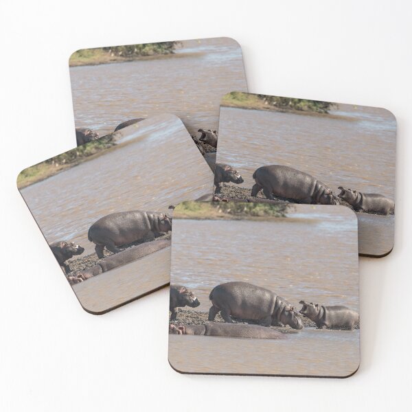 Item preview, Hippo Family at the Water’s Edge — Calf’s Playful Yawn on the Mudbank designed and sold by DavideAntoniani.