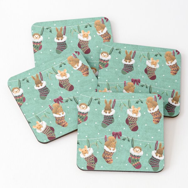 Item preview, Cute Woodland Forest Animals in Christmas Stockings on Teal Green designed and sold by piptompatternco.