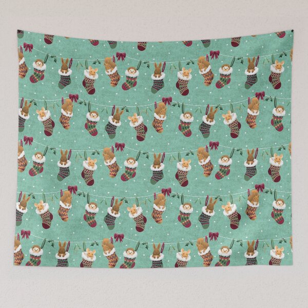 Item preview, Cute Woodland Forest Animals in Christmas Stockings on Teal Green designed and sold by piptompatternco.