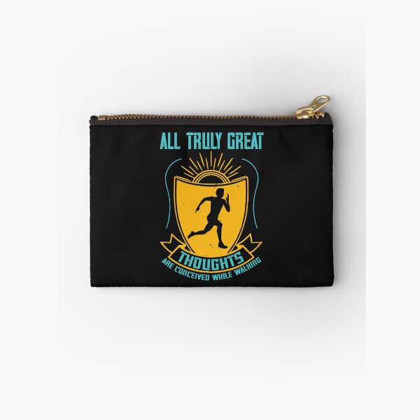 Item preview, Teal and gold distressed crest with sunburst and a person in motion; text reads “All Truly Great Thoughts—Thoughts Are Conceived While Walking” on a black background. designed and sold by DavidMay.