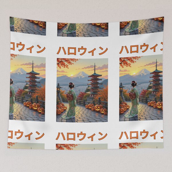 Item preview, Halloween geisha, Asian woman, pagoda, Asian landscape, pumpkin,  designed and sold by Coolparrotgirl.