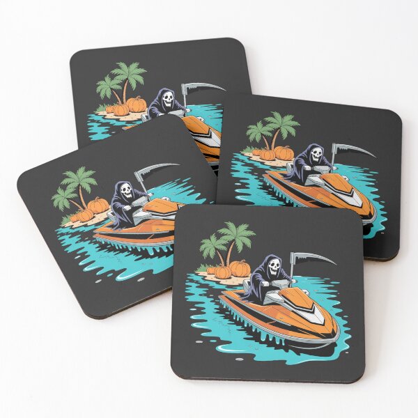 Item preview, Grim Reaper Riding Coffin Jet Ski | Neon Halloween Summer Cartoon designed and sold by ColorSplash123.
