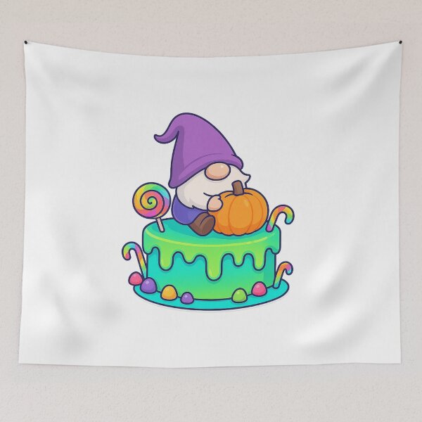 Item preview, Gnome Riding Pumpkin on Lime-Blue Neon Cake – Cute Halloween Dessert Tee designed and sold by PrintCreations9.