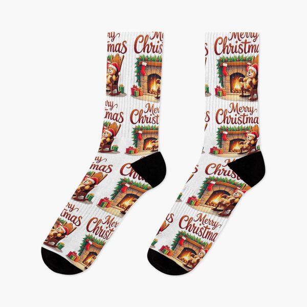 Item preview, Merry Christmas, adorable teddy bear in a rocking chair with fireplace and santa stockings designed and sold by nicnacc.