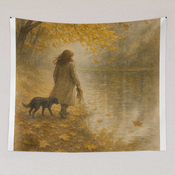 Item preview, And Autumn Walked Beside Her – Watercolor Lake Scene with Woman and Dog | Fall Nostalgia Art by GGSTCraft designed and sold by ggstcraft.