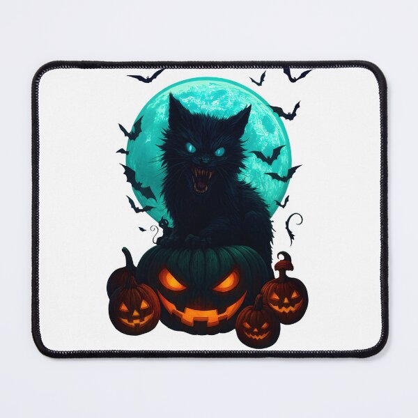 Item preview, Black Cat on Pumpkins under Full Moon – Spooky Halloween Art designed and sold by Aurora Prints.